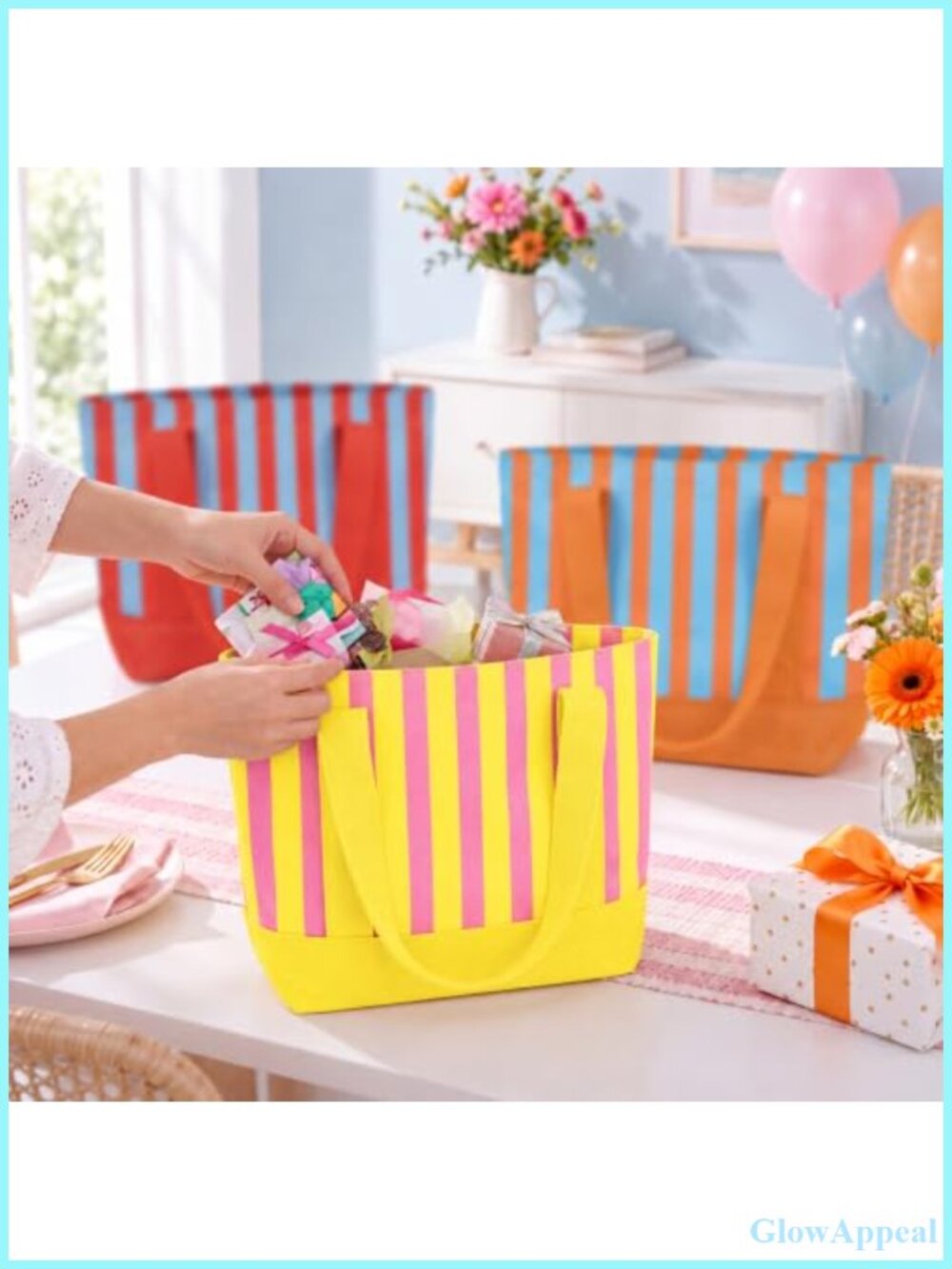 8 Pack Canvas Tote Bags Striped Mini Reusable Shopping Beach Set - Picture 6 of 6